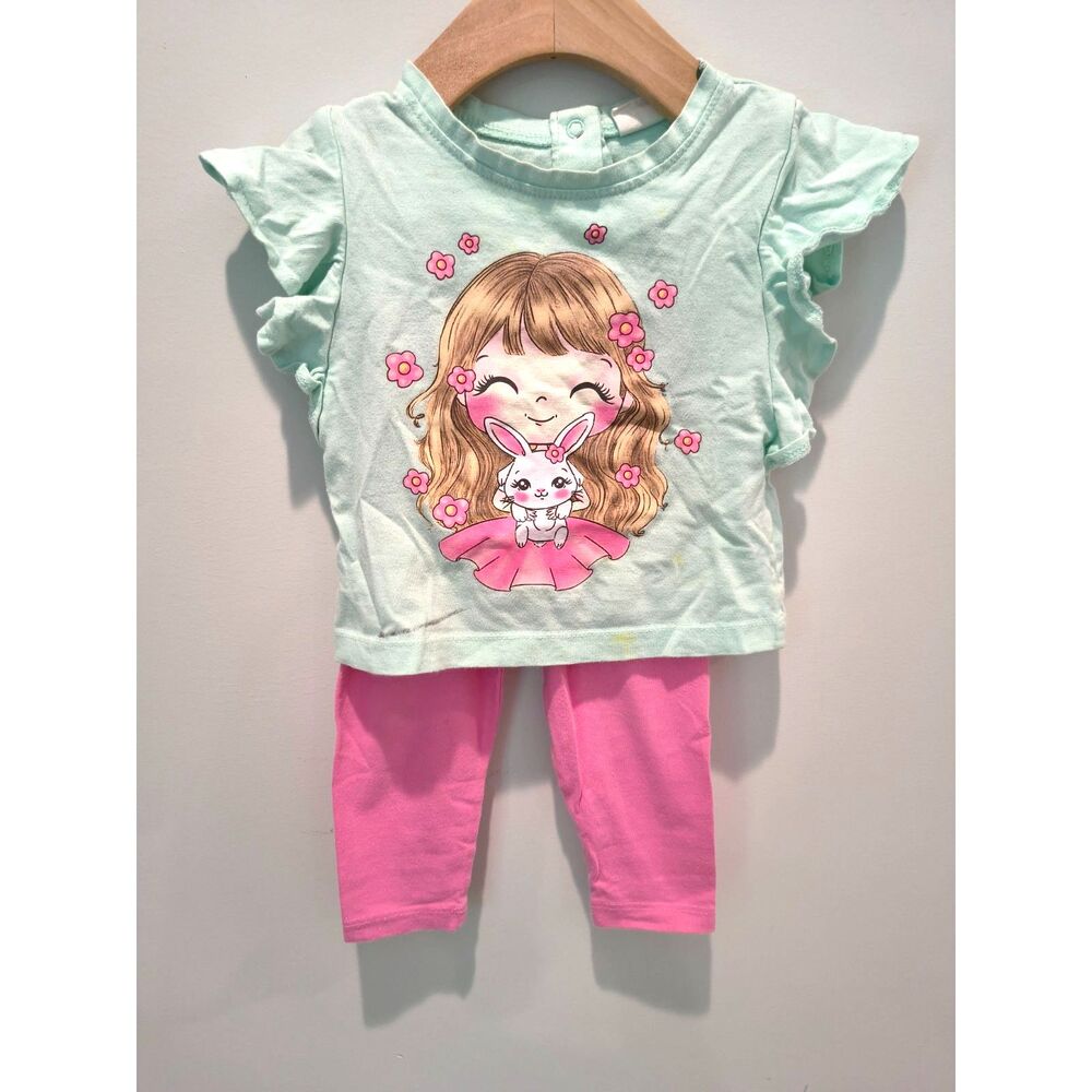 [4/$25] -Cotton Knit Short Sleeves Printed Top with pink leggings 12m
